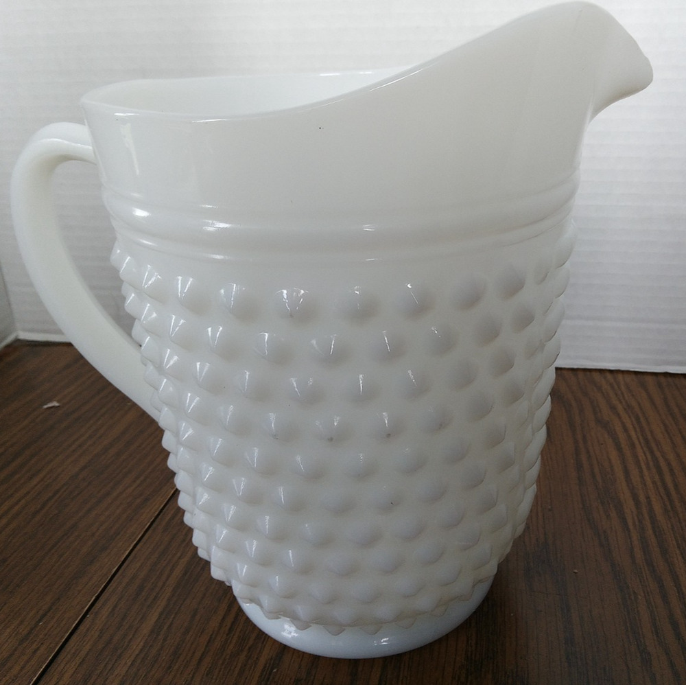 Vintage White Large Hobnail & Bars Milk Glass Pitcher app.8” Tall